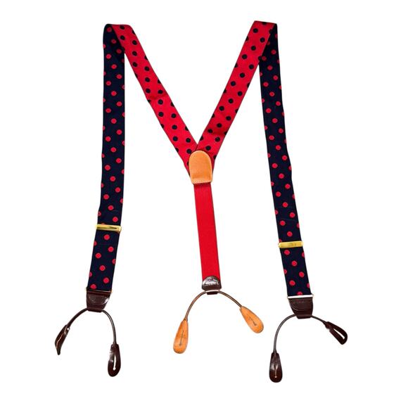 Vintage Y-shaped polka dot navy red Fabric Elastic Adjustable Suspenders - Picture 1 of 4